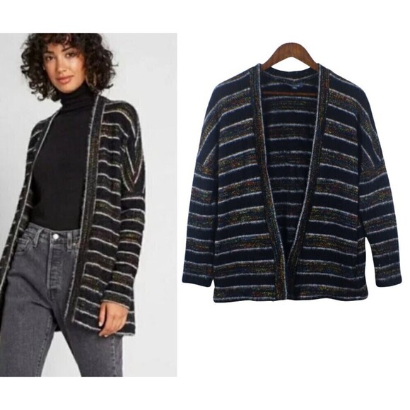 Modcloth Women Size M Blue Eyelash Stripped Open Front Pullover Cardigan Sweater - Picture 13 of 14